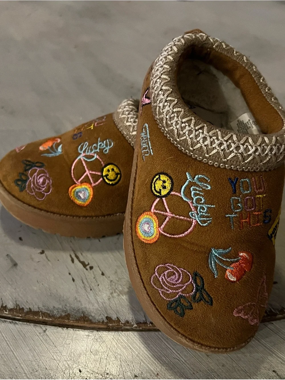 Kids Cozy Brown Embroidered Slip-On Slippers - You Got This
